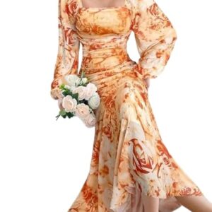 فستان ماكسي برقبة مربعة للنساء، بأكمام باف وصدرية روش، بنقشة زهور باللون الأخضر والبرتقالي والأزرق