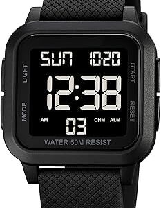 ساعة رقمية للجنسين، ساعة يد الكترونية مقاومة للماء باضاءة LED للرجال والنساء، وجه مربع مع ارقام كبيرة، منبه، ساعة توقيت، مؤقت عد تنازلي، توقيت مزدوج، تنسيق 12/24 ساعة، اسود