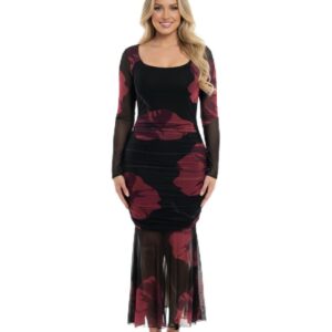 فستان ماكسي باكمام طويلة للنساء من مانيكان، اسود مع طباعة زهور، الواح شبكية شفافة، قصة ضيقة