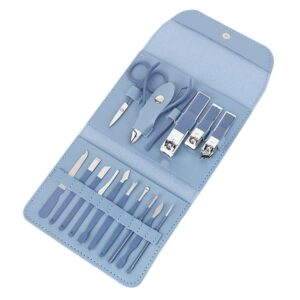 مجموعة مانيكير 16 في 1، مجموعة قصافة اظافر من الستانلس ستيل للرجال والنساء، ادوات العناية بالاظافر المحمولة مع شنطة سفر للمنزل والمكتب والسفر (ازرق)
