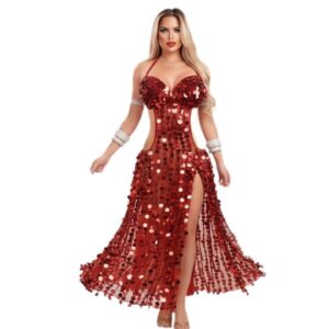 فستان جلابية برباط مزين بالترتر من جازيل، قماش شبكي قابل للتمدد مع جوانب مفرغة وألواح ترتر متدفقة، ملابس منزلية للحفلات للنساء، تصميم انيق للمناسبات والعروض