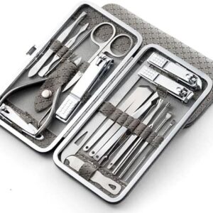 مجموعة مانيكير وباديكير مكونة من 19 قطعة - مجموعة قصافة أظافر احترافية من الفولاذ المقاوم للصدأ للنساء - أدوات تجميل للأظافر والحواجب - تتضمن شنطة سفر (رمادي وفضي)