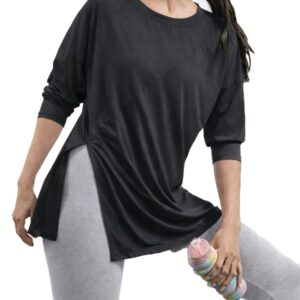 توب رياضي - تي شيرت باكمام طويلة وفتحة جانبية - تي شيرت طويل للتمارين الرياضية - تي شيرت كاجوال برقبة دائرية ضيقة للنساء