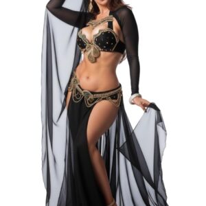 JAZZEEL Professional Belly Dance Costume Set, 2-Piece Hand-Embroidered Bra & Belt with Beaded Chains & Long Sleeve Sheer Skirt. Elegant Raqs Sharqi Oriental Outfit for Stage Performance