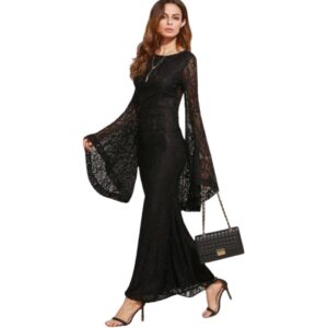 فستان نسائى دانتيل مبطن باكمام واسعة لون اسود XXX