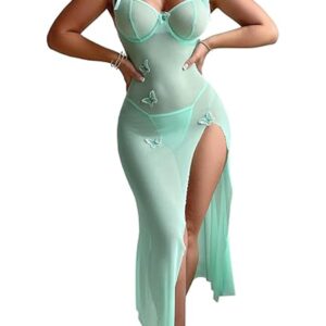 ثوب نوم مثير طويل من الدانتيل للنساء من سيلت بليس، فستان شفاف مثير بحمالات بفتحة عالية مع سروال داخلي ثونج، قطعتان