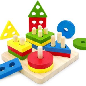 ألعاب مونتيسوري مضحكة للأطفال بعمر سنة إلى 3 سنوات من كيدززون، ألعاب خشبية للفرز والتكديس للأطفال الصغار من سن 1-3 سنوات، بازل تعليمي للأطفال في مرحلة ما قبل المدرسة (4 أشكال)
