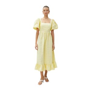 كوتون فستان ماكسي متعدد الطبقات باكمام منفوخة وقبة مربعة للنساء 3SAK80175UW153