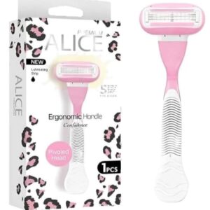 ماكينة حلاقة بريميوم اليس للبشرة الحساسة من 5 شفرات بمقبض مريح ورأس محوري وشريط ترطيب للنساء من 1 قطعة بلون وردي وأبيض موديل AS-24 من اليس