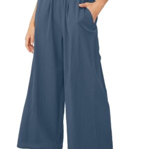 بنطلون كتان بأرجل واسعة للنساء بلون سادة بأستك عند الخصر، سروال فضفاض مريح مع جيب
