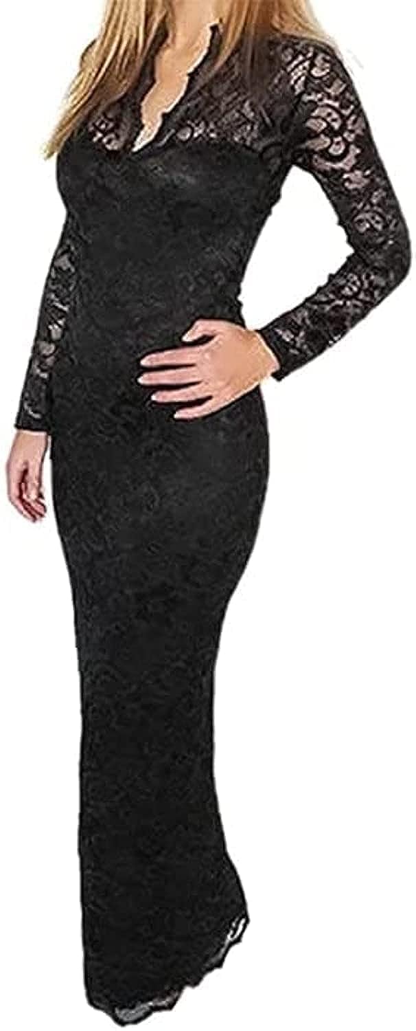 515JF25SZ7L فستان طويل دانتيل للنساء، لون اسود