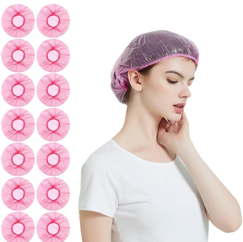 515efQzA-ZL 100 قطعة من طواقي الاستحمام البلاستيكية المرنة للاستعمال مرة واحدة، قبعات استحمام للنساء، قبعة استحمام كبيرة، قبعة شعر مرنة للاستخدام المنزلي والفندق والمنتجعات الصحية وصالون الشعر، اكسسوارات استحمام