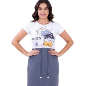 فستان منزلي قطني نسائي، تصميم كاجوال مع طباعة قطط كرتونية، لون أبيض ورمادي