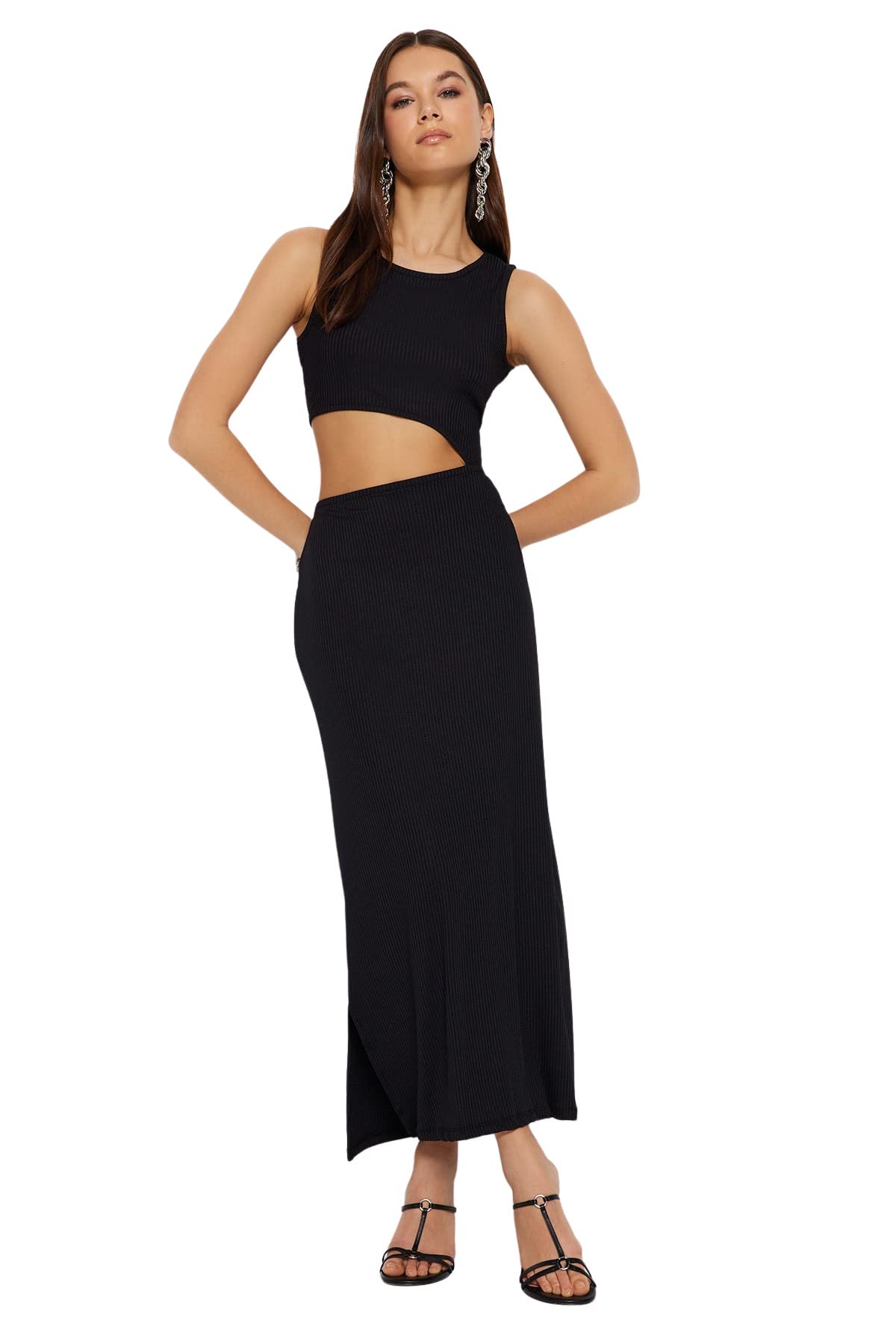 516AhM3Lq4L ترنديول فستان ماكسي محبوك بقبة دائرية بدون طوق للنساء بلون اسود TWOSS23EL02327