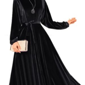 فستان بحزام مخملي لامع اسود للنساء