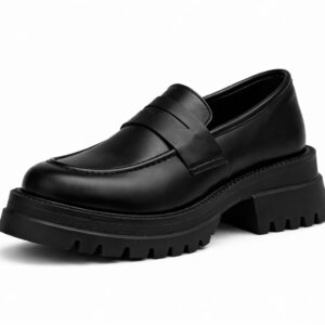 OG حذاء لوفر بكعب سميك للنساء - حذاء كلاسيكي سهل الارتداء بنعل سميك، نمط يومي انيق اسود