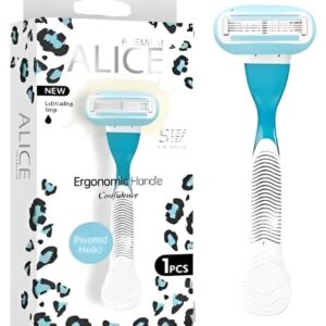 ماكينة حلاقة بريميوم اليس بمقبض مريح ورأس محوري وشريط ترطيب جديد تمنح الثقة للنساء من اليس، قطعة واحدة، لون أزرق Baby Blue وأبيض، للبشرة الجافة (5 شفرات، موديل AS-24)