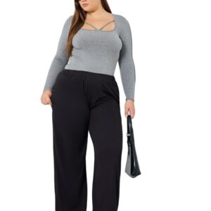 سروال نسائي مضلع واسع الساق من ستايلي، أسود، مقاس بلس