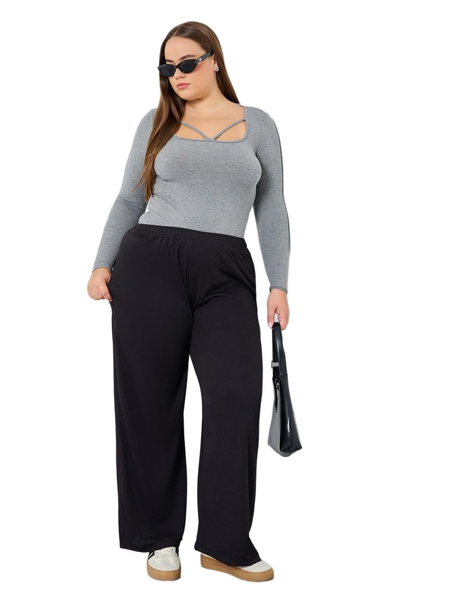 519X-FJbW7L سروال نسائي مضلع واسع الساق من ستايلي، أسود، مقاس بلس