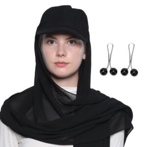 حجاب طويل سهل الارتداء للنساء المسلمات، وشاح شيفون سادة مع قبعة بيسبول ودبابيس لؤلؤ، وشاح لف قابل للتعديل للراس