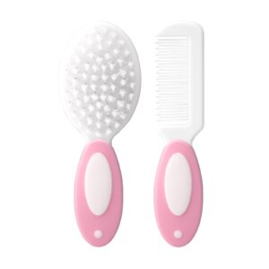 مجموعة العناية الصحية للاطفال مكونة من قطعتين من تزويق، فرشاة شعر بشعيرات ناعمة، فرشاة بغطاء سيليكون لحديثي الولادة والاطفال الصغار (بينك)