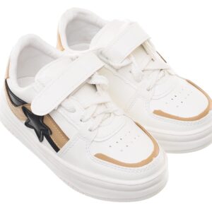 99.99 Kids' Leather Sneakers with Laces, Hook-and-Loop Strap, and Side Star Detail -White/Pink