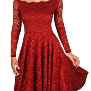 فستان دانتيل مطبوع باللونين النبيذي والذهبي للنساء