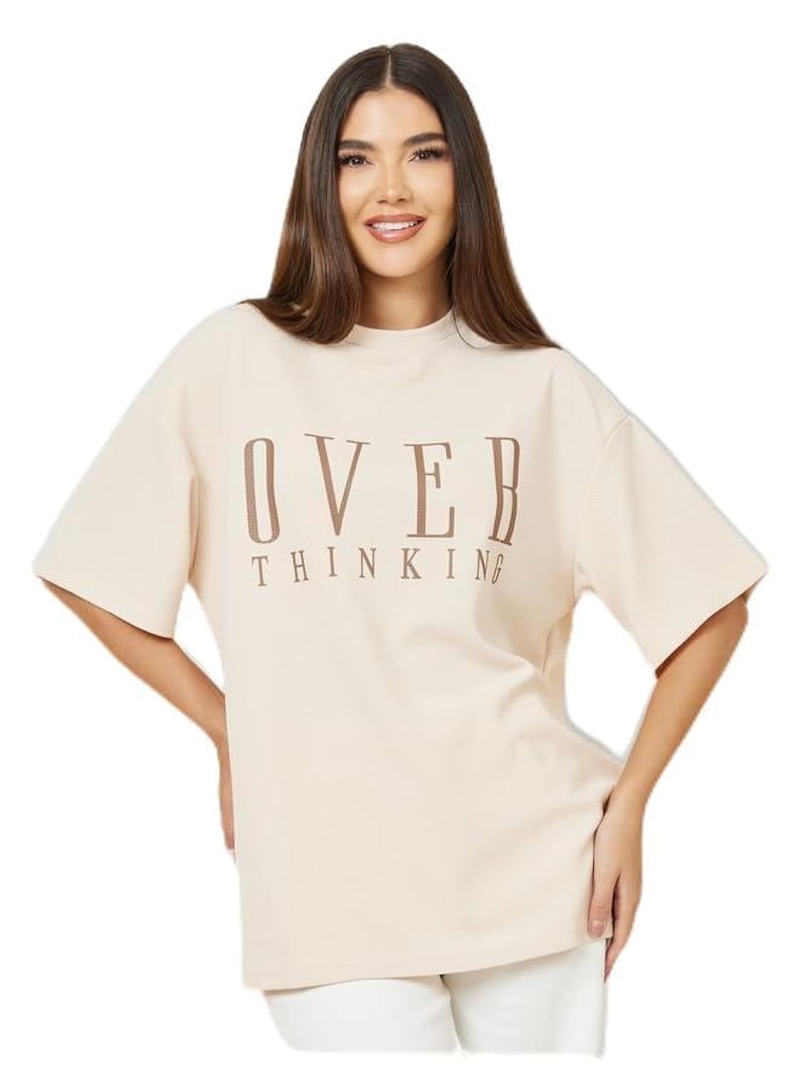 51CPqh1mVAL تيشيرت بكتف متدلي مطبوع بشعار متباين بمقاس كبير للنساء من ستايلي