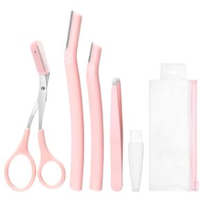 مقص حواجب من الميكاكوز، مجموعة العناية بالحواجب، ماكينة حلاقة للحواجب من الستانلس ستيل، مع مشط وملقط وفرشاة لفائف الحواجب، مقص حواجب للرجال والنساء (بينك)