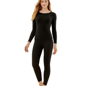 طقم ملابس داخلية حرارية للنساء، ملابس داخلية حرارية للنساء من لونغ جونز، بيجامة بطبقة اساسية مبطنة للتدفئة في الشتاء، ملابس علوية وسفلية للطقس البارد للارتداء اليومي والرياضات الخارجية، اسود (مقاس M)