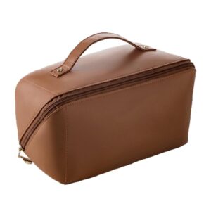 شنطة تنظيم ادوات الزينة والمكياج للنساء والرجال مع حزام مقسم للسفر بلون بني منظم مكياج كبيرة بمقبض من ارارا جلد صناعي