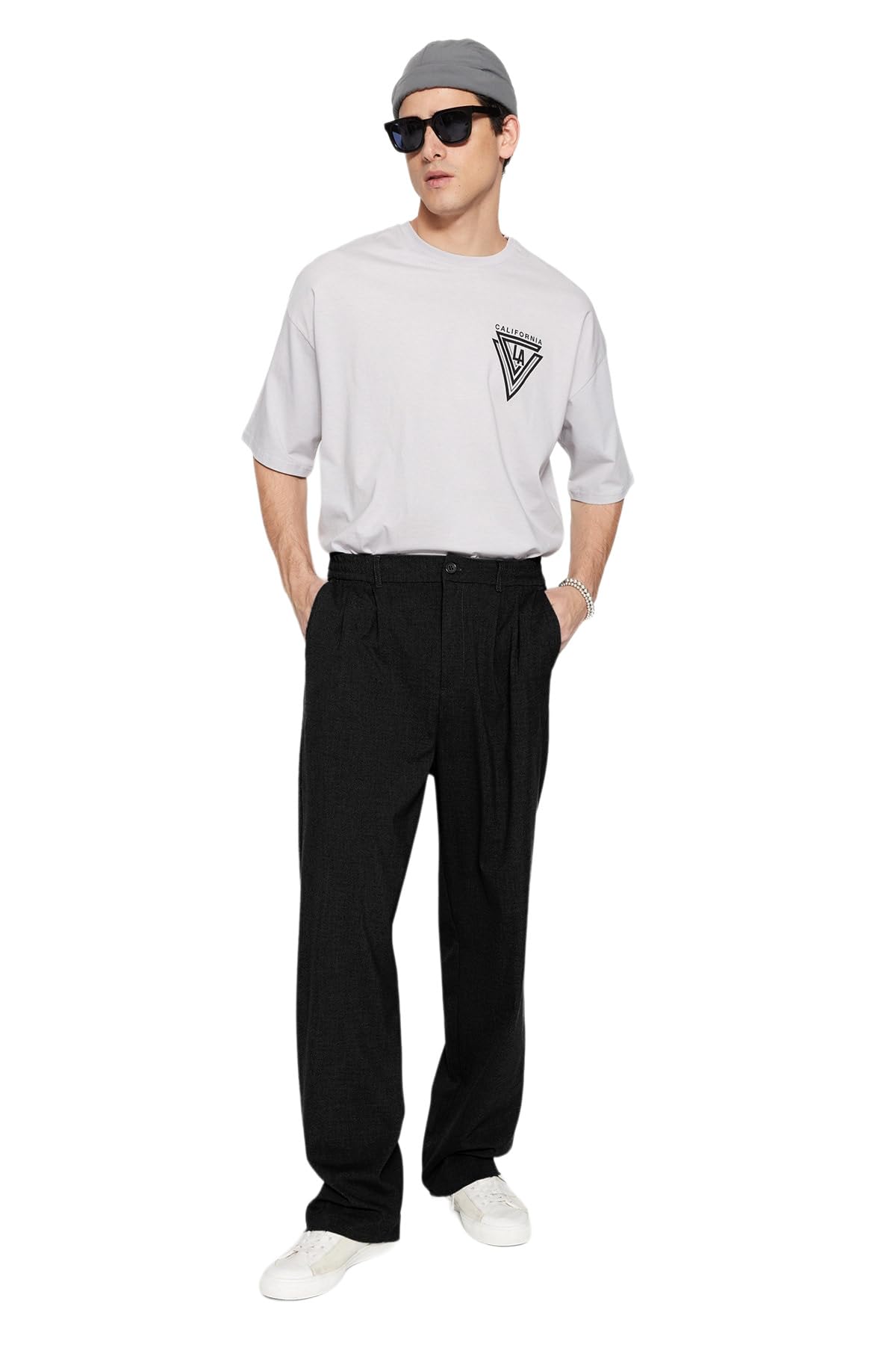 51Eg4IIJY7L بنطلون فضفاض من القماش بقصة واسعة للرجال، أسود، TMNSS23PL00039، من ترنديول