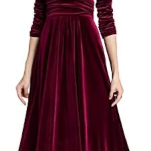 فستان طويل للنساء مصنوع من المخمل باكمام طويلة وقبة V - لون احمر مقاس XL أحمر