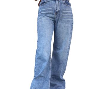 بنطلون جينز بارجل واسعة للنساء بلون ازرق متوسط