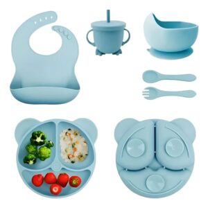 أدوات تغذية الأطفال من السيليكون، مستلزمات الفطام، تتضمن أكواب شفط وأطباق مقسمة، مريلة قابلة للتعديل، أدوات طعام للأطفال، ملاعق وشوك، كوب من فانتاستيك كيدز تويز، 6 قطع (باندا لارج (L) - أزرق)