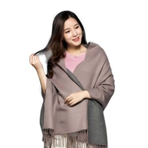 كاستويف وشاح كشمير للنساء، وشاح صوف للسيدات، شال شتوي سميك كبير الحجم من الباشمينا، شالات دافئة كبيرة بلونين سادة لفستان السهرة وحفلات الزفاف وهدية وصيفات العروس، (كاكي ورمادي، 78 انش × 25 انش)