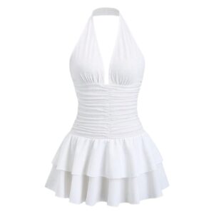 فستان قصير مكشكش بقبة V ورقبة على شكل حرف V للنساء من جورجليتر، فستان قصير مكشكش بقصة ايه لاين