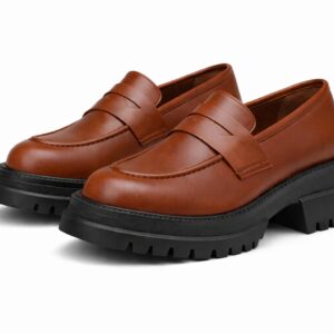 OG حذاء لوفر بكعب سميك للنساء - حذاء كلاسيكي سهل الارتداء بنعل سميك، نمط انيق للارتداء اليومي بني المقاس: 39