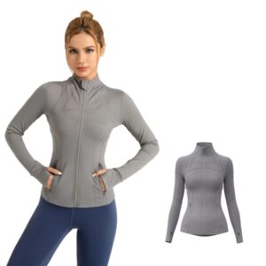 جاكيتات رياضية للنساء بقصة ضيقة خفيفة الوزن بسحاب كامل مع فتحات للابهام للجري وصالة الالعاب الرياضية جيوب الامارات العربية المتحدة/السعودية الفا M عادي رمادي