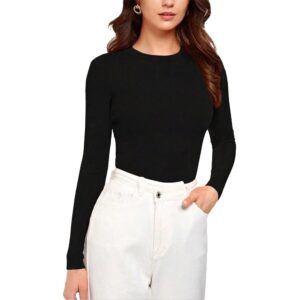 توب مضلع برقبة دائرية ضيقة وأكمام طويلة - تيشيرت بيسيك كاجوال للنساء