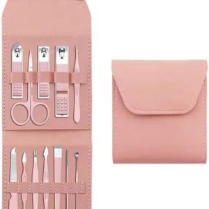 مجموعة ادوات العناية بالاظافر من 12 قطعة، مجموعة العناية الشخصية باديكير احترافية للرجال والنساء، هدية للعناية بالاظافر (اللون: بينك)