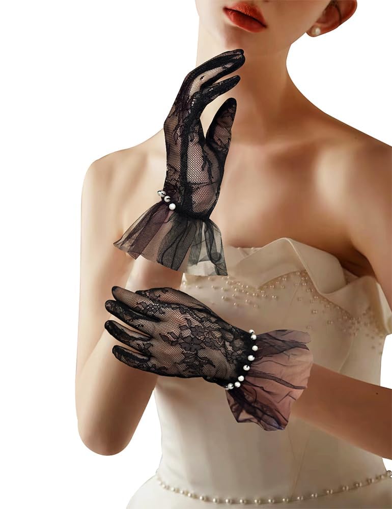 51Keklt6ONL قفازات قصيرة من الدانتيل والتول مزينة باللؤلؤ، قفازات حفلات الشاي والأوبرا والزفاف للنساء من تنتياهل، مناسبة للمناسبات الرسمية