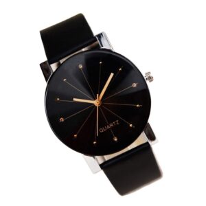 ساعة يد عصرية للزوجين بمينا مرصع باحجار الراين وسوار من الجلد الصناعي وحركة كوارتز انالوج