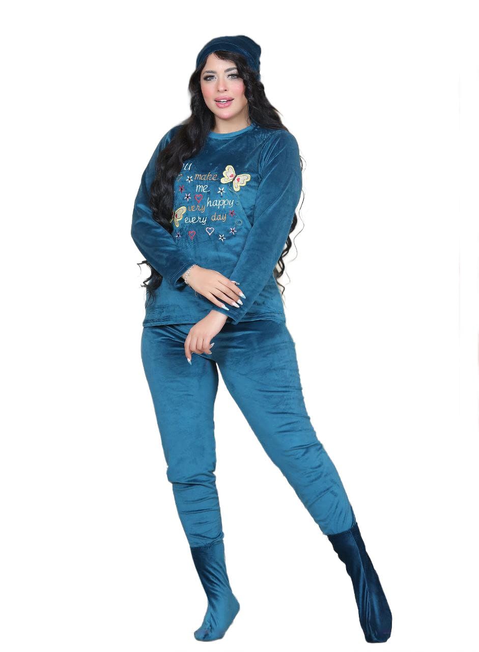 51LXN6zGa2L بجامة دفاية شتوي نسائية Sondos - طقم بيجامة قطيفة هايدي مبطنة (دبل فيس) 5 قطع - طباعة فراشات جذابة - مقاس حر (60-90 كجم) متعدد الألوان، كود ٢٠٣٦