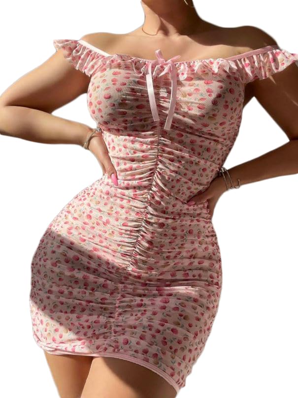 51N0f-H4J4L فستان مصنوع من ��ماش خفيف بتصميم مكشوف الأكتاف للنساء، قصة فيتد مع أكمام منسدلة، مزين بالروش والكشكش، لون وردي فلورال