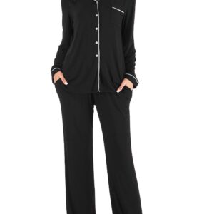 طقم بيجامة طويلة للنساء من قطعتين، طقم ببلوزة بأزرار للنوم والاسترخاء