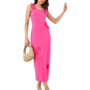 فستان ميدي متوسط الطول مزين بدانتيل من الزهور بدون أكمام للنساء من ستايلي، بينك