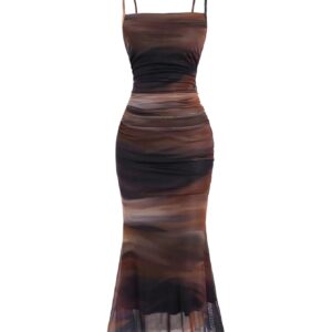 فستان نسائي متوسط الطول بتصميم ذيل السمكة من جورجليتر، فستان ضيق مكشكش شبكي للسهرات الزوجية