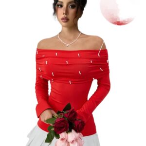 بلوزة نسائية مكشوفة الكتفين لطيفة بكتف واحد للكريسماس/حفلة رأس السنة الصينية الجديدة