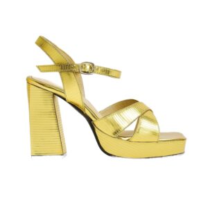 صندل أنيق بكعب عريض مع أشرطة متقاطعة لامعة وإبزيم للكاحل، C-74